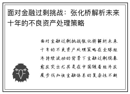 面对金融过剩挑战：张化桥解析未来十年的不良资产处理策略