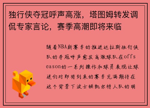 独行侠夺冠呼声高涨，塔图姆转发调侃专家言论，赛季高潮即将来临