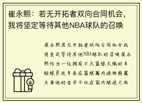 崔永熙：若无开拓者双向合同机会，我将坚定等待其他NBA球队的召唤