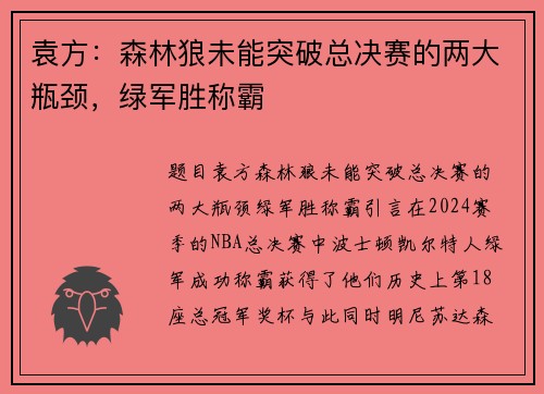 袁方：森林狼未能突破总决赛的两大瓶颈，绿军胜称霸