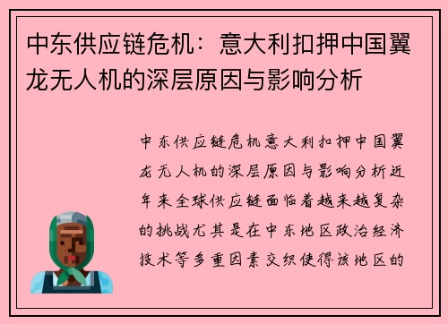 中东供应链危机：意大利扣押中国翼龙无人机的深层原因与影响分析