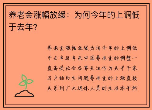 养老金涨幅放缓：为何今年的上调低于去年？